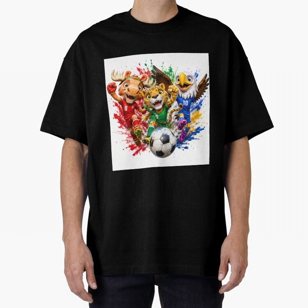 World Football Mascots ¨C Ultimate Soccer Fan Cartoon Design Oversized T-Shirt Mark Match Day Hype around FIFA World Cup 2026 Group Stage, Messi, Brazil, Game Day Rituals, Football Legends, Country Pride and the Road to the Final; Created for Match