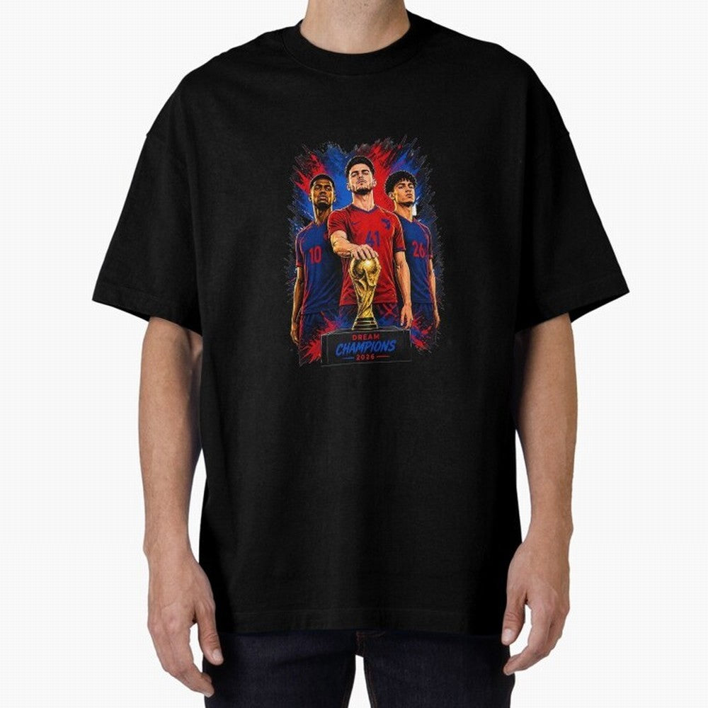 Dream Champions 2026 Football Streetwear Design | Trophy Graphic Tee Oversized T-Shirt Show Support during the FIFA World Cup 2026 Group Stage Journey through Messi, CR7 and Mbappe Highlights, Spain and Netherlands Pride, Football History, Final