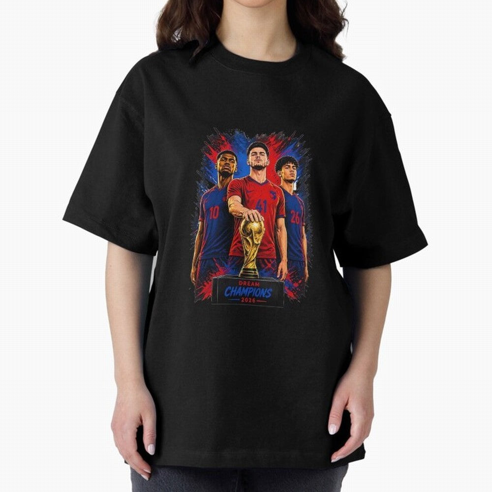 Dream Champions 2026 Football Streetwear Design | Trophy Graphic Tee Oversized T-Shirt Show Support during the FIFA World Cup 2026 Group Stage Journey through Messi, CR7 and Mbappe Highlights, Spain and Netherlands Pride, Football History, Final