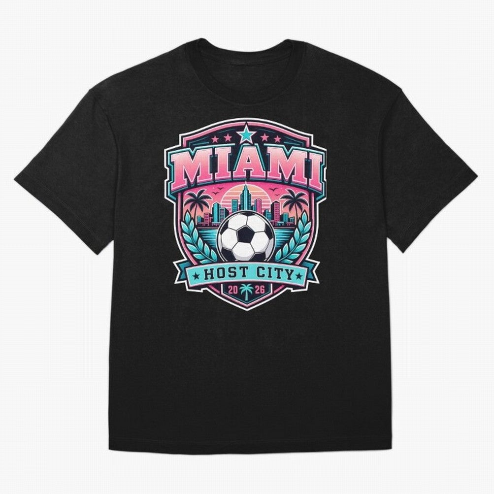 Miami 2026 Host City Emblem Soccer Football Events Oversized T-Shirt Relive the FIFA World Cup 2026 Group Stage Journey through Mbappe and Neymar Highlights, France and Portugal Pride, Fan Favorite Moments, National Team Passion, Big Match Drama
