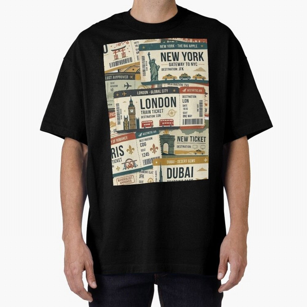 World Travel Ticket Aesthetic Collage Global City Vibes Oversized T-Shirt Cheer through Every Moment of Global Football Passion for FIFA World Cup 2026, Celebrating Neymar, Haaland and Cristiano Ronaldo, England and Germany, Global Supporter