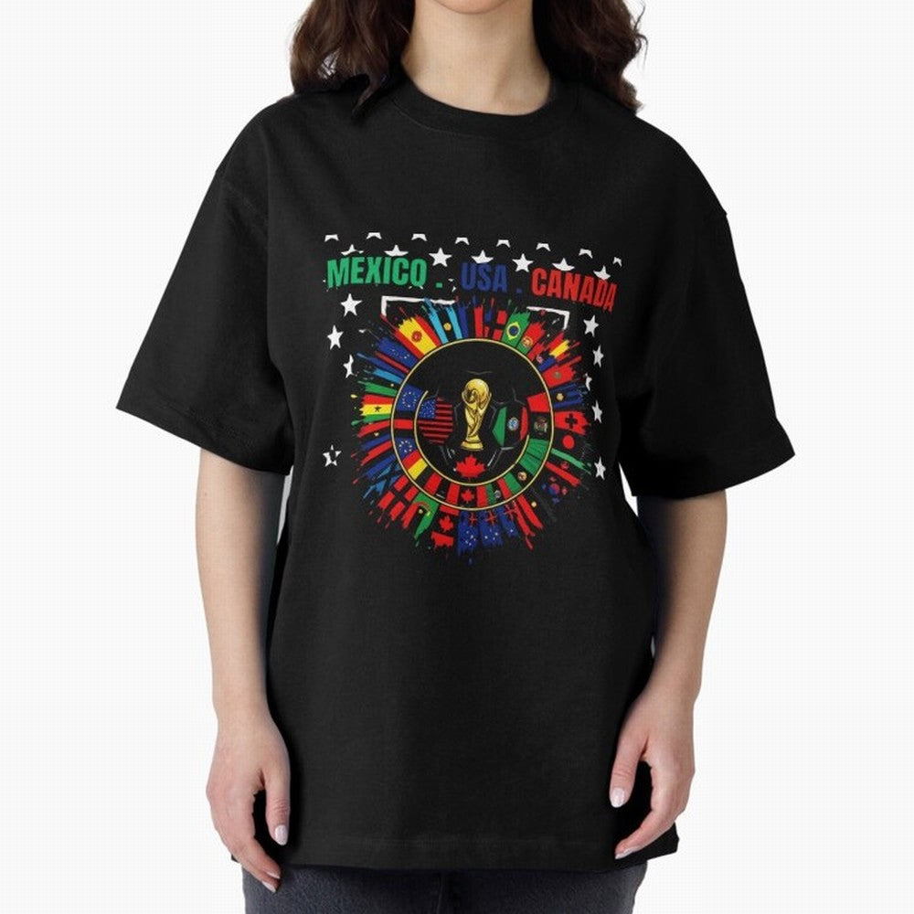 Multinational Nations Flags Badge Oversized T-Shirt Treasure FIFA World Cup 2026 Group Stage Capturing Mbappe and Neymar, Argentina and Brazil Energy, Fan Favorite Moments, National Team Passion, Big Match Drama and Soccer History; Ideal for Fans