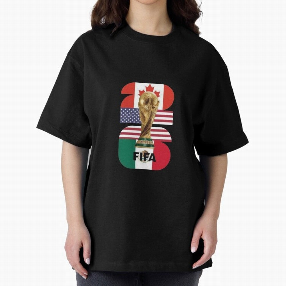Three Nations Host Trophy Vertical Oversized T-Shirt Celebrate Soccer Greatness during Match Day Hype around FIFA World Cup 2026 USA Canada Mexico, Messi and Cristiano Ronaldo, Argentina, France and Brazil, Championship Spirit, Famous Goals,