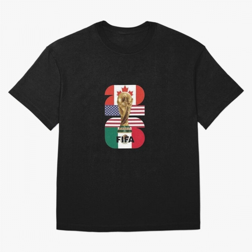 Three Nations Host Trophy Vertical Oversized T-Shirt Celebrate Soccer Greatness during Match Day Hype around FIFA World Cup 2026 USA Canada Mexico, Messi and Cristiano Ronaldo, Argentina, France and Brazil, Championship Spirit, Famous Goals,