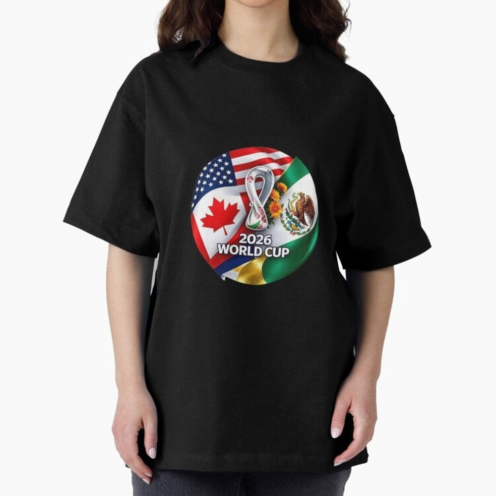 Host Trio Flags Circular Emblem Oversized T-Shirt Relive the Noise and Pride of the FIFA World Cup 2026 USA Canada Mexico Journey through Neymar Highlights, Spain Pride, Stadium Chants, National Pride, Trophy Dreams and Unforgettable Football
