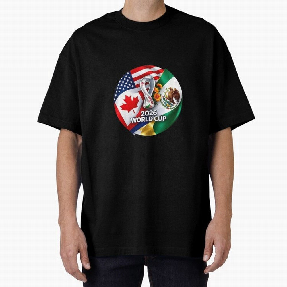 Host Trio Flags Circular Emblem Oversized T-Shirt Relive the Noise and Pride of the FIFA World Cup 2026 USA Canada Mexico Journey through Neymar Highlights, Spain Pride, Stadium Chants, National Pride, Trophy Dreams and Unforgettable Football