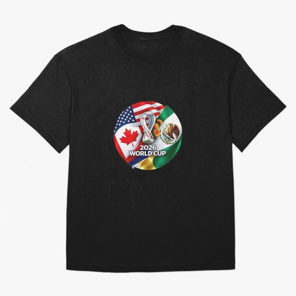 Host Trio Flags Circular Emblem Oversized T-Shirt Relive the Noise and Pride of the FIFA World Cup 2026 USA Canada Mexico Journey through Neymar Highlights, Spain Pride, Stadium Chants, National Pride, Trophy Dreams and Unforgettable Football