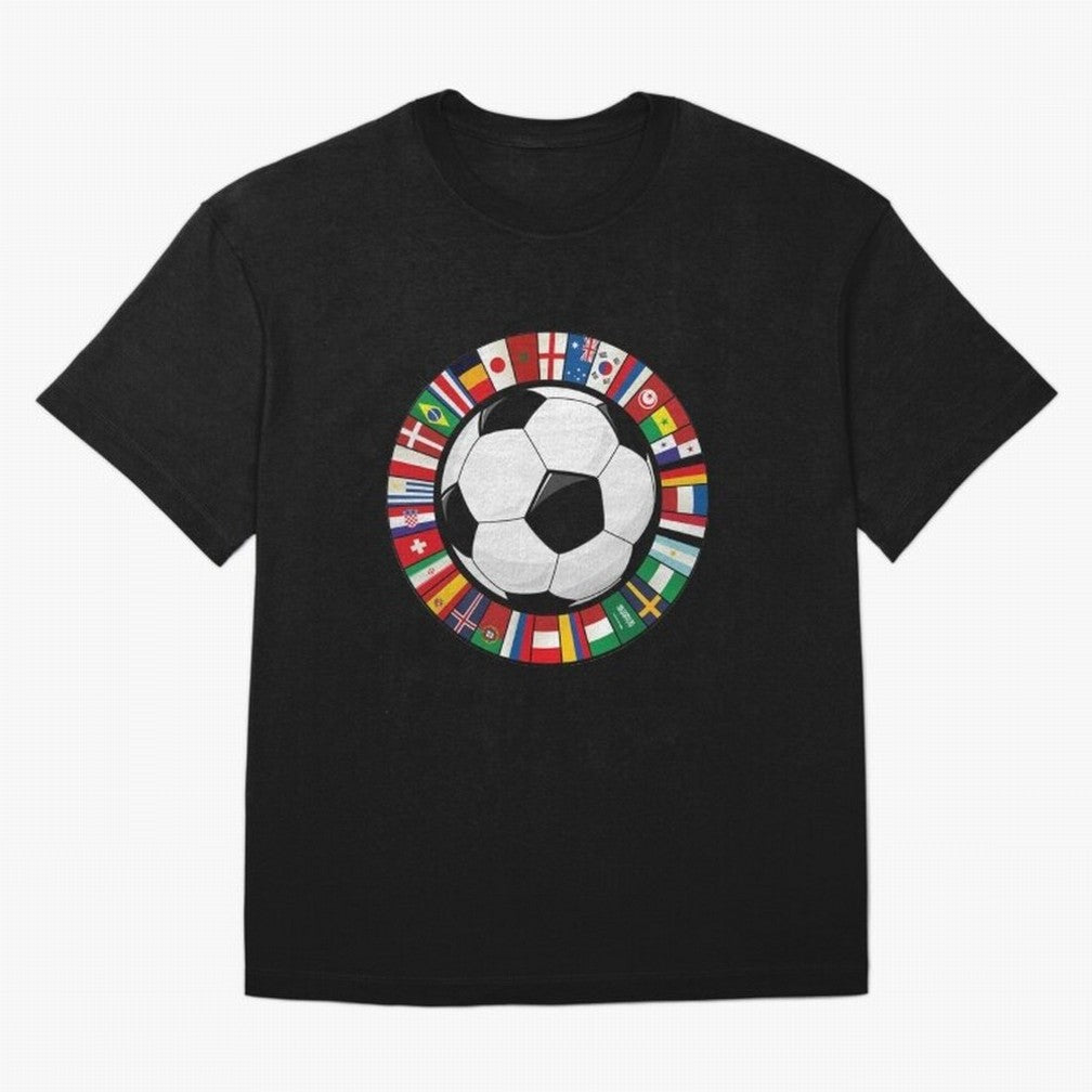 Global Nations Football Circle Art Oversized T-Shirt Show Passion for the Stars of Match Day Hype around FIFA World Cup 2026 USA Canada Mexico, Messi, CR7 and Mbappe, England, France and Netherlands, Retro Football Energy, Iconic Rivalries, Trophy