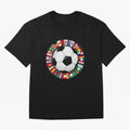 Global Nations Football Circle Art Oversized T-Shirt Show Passion for the Stars of Match Day Hype around FIFA World Cup 2026 USA Canada Mexico, Messi, CR7 and Mbappe, England, France and Netherlands, Retro Football Energy, Iconic Rivalries, Trophy