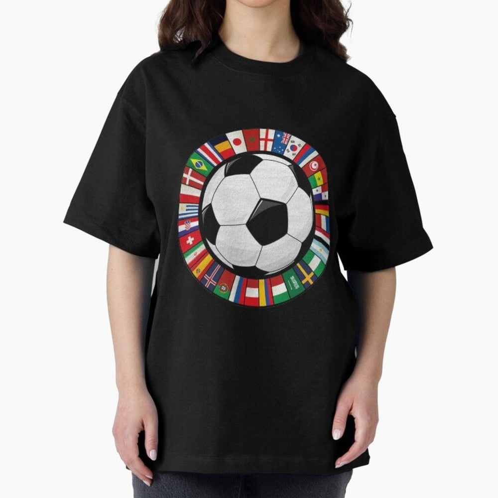 Global Nations Football Circle Art Oversized T-Shirt Show Passion for the Stars of Match Day Hype around FIFA World Cup 2026 USA Canada Mexico, Messi, CR7 and Mbappe, England, France and Netherlands, Retro Football Energy, Iconic Rivalries, Trophy