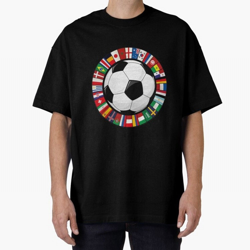 Global Nations Football Circle Art Oversized T-Shirt Show Passion for the Stars of Match Day Hype around FIFA World Cup 2026 USA Canada Mexico, Messi, CR7 and Mbappe, England, France and Netherlands, Retro Football Energy, Iconic Rivalries, Trophy