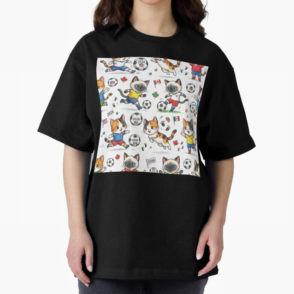 Chibi Soccer Cats 2026 - Cute Football Kittens Pattern Oversized T-Shirt Remember Iconic Moments from Match Day Hype around FIFA World Cup 2026 USA Canada Mexico, CR7 and Messi, France and Portugal, Stadium Memories, Football Loyalty, International