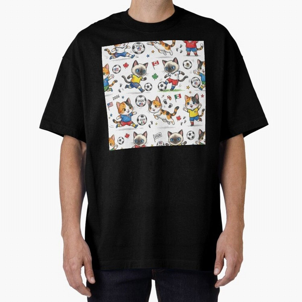 Chibi Soccer Cats 2026 - Cute Football Kittens Pattern Oversized T-Shirt Remember Iconic Moments from Match Day Hype around FIFA World Cup 2026 USA Canada Mexico, CR7 and Messi, France and Portugal, Stadium Memories, Football Loyalty, International
