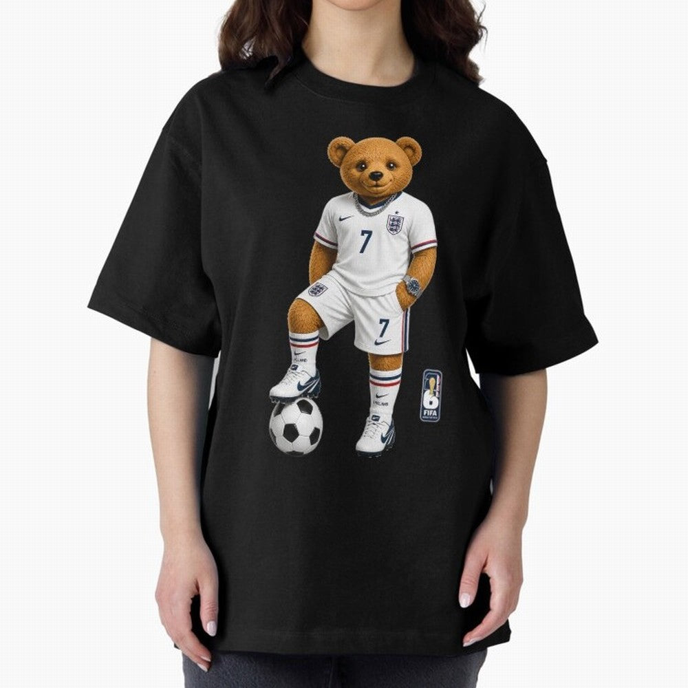 England Soccer Bear World Cup Teddy Bear Oversized T-Shirt Back Your Heroes with FIFA World Cup 2026 Group Stage Celebrating Messi, Neymar and Mbappe, England Energy, Football Passion, Legendary Performances, Festival Vibes and Supporter Community;