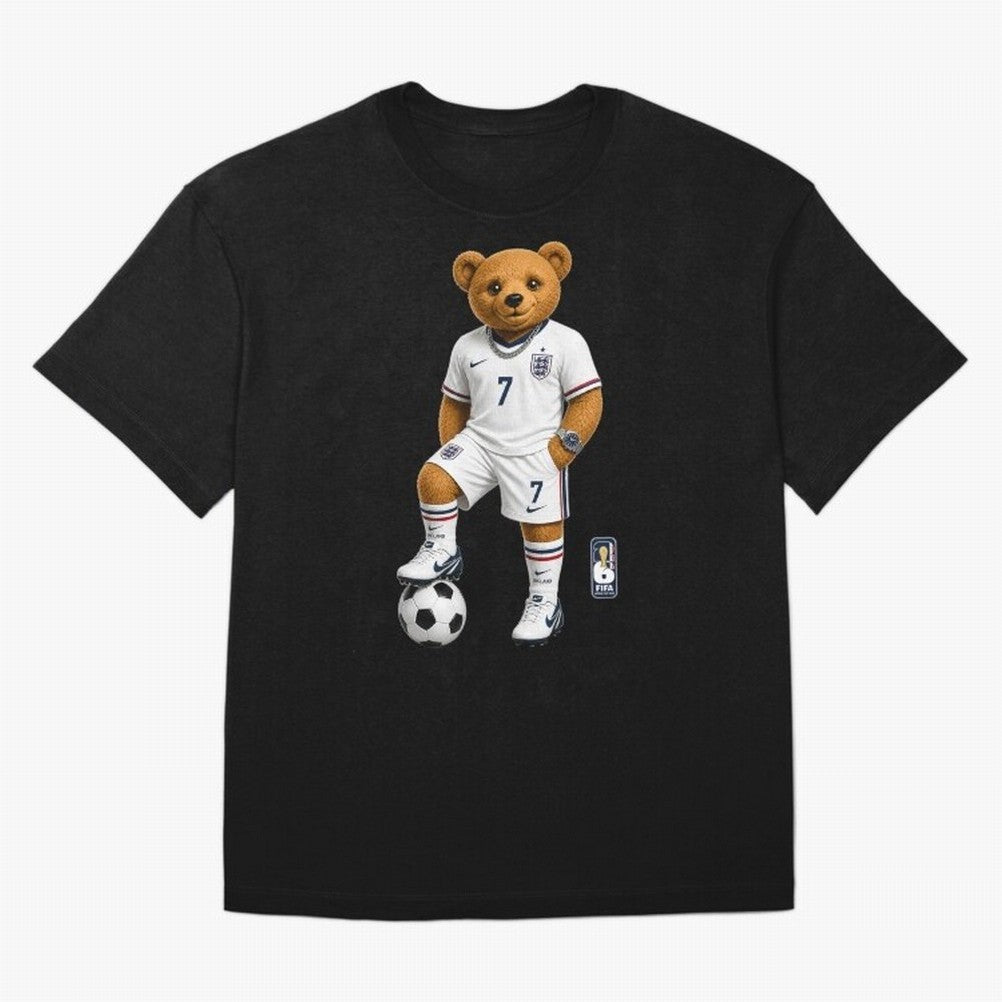 England Soccer Bear World Cup Teddy Bear Oversized T-Shirt Back Your Heroes with FIFA World Cup 2026 Group Stage Celebrating Messi, Neymar and Mbappe, England Energy, Football Passion, Legendary Performances, Festival Vibes and Supporter Community;