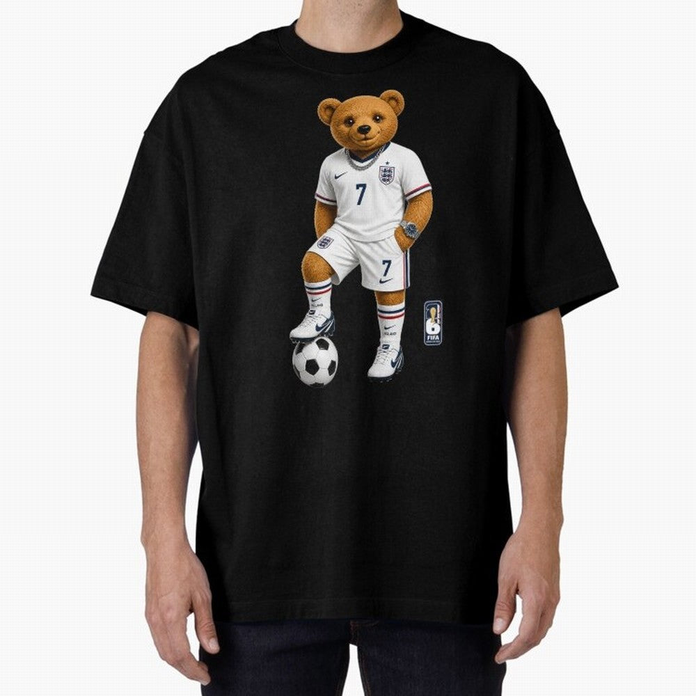 England Soccer Bear World Cup Teddy Bear Oversized T-Shirt Back Your Heroes with FIFA World Cup 2026 Group Stage Celebrating Messi, Neymar and Mbappe, England Energy, Football Passion, Legendary Performances, Festival Vibes and Supporter Community;