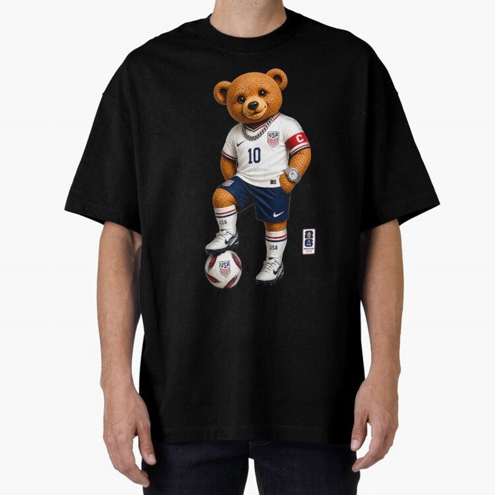 USA Soccer Bear World Cup 2026 Teddy Bear Oversized T-Shirt Step into Match Day Hype around FIFA World Cup 2026 USA Canada Mexico, Messi, France, Champion Mindset, Group Stage Buzz, Knockout Tension and Passionate Fan Culture; Ideal for Passionate