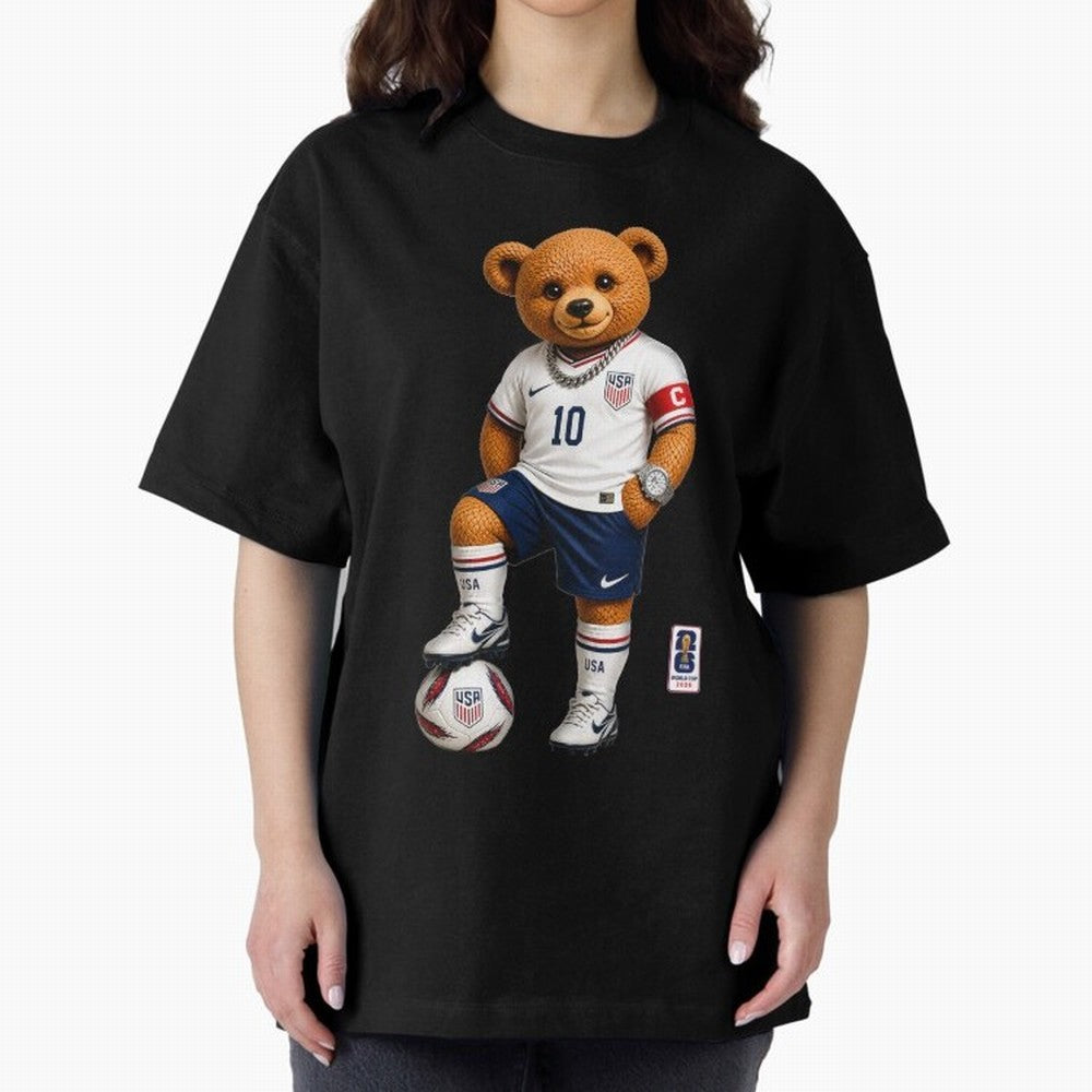 USA Soccer Bear World Cup 2026 Teddy Bear Oversized T-Shirt Step into Match Day Hype around FIFA World Cup 2026 USA Canada Mexico, Messi, France, Champion Mindset, Group Stage Buzz, Knockout Tension and Passionate Fan Culture; Ideal for Passionate