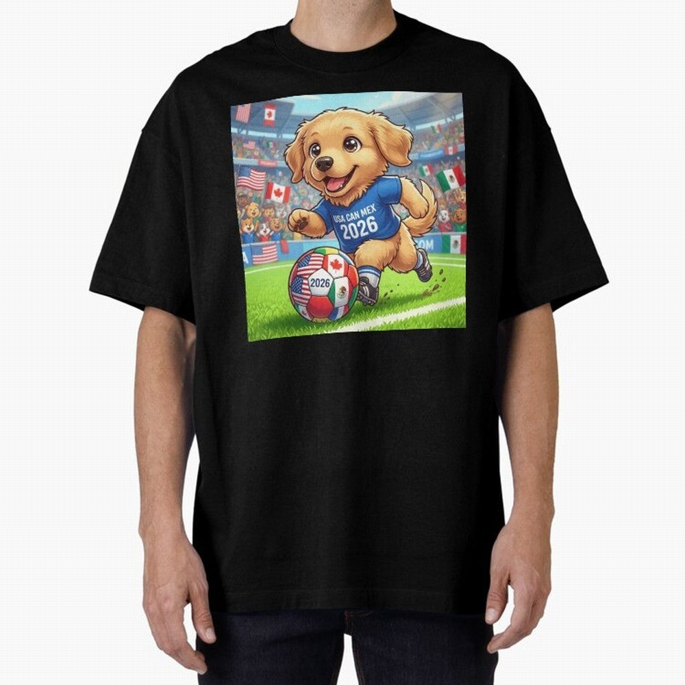 Golden Retriever Soccer Champ - World Cup 2026 Spirit Oversized T-Shirt Follow FIFA World Cup 2026 USA Canada Mexico Featuring Messi and Cristiano Ronaldo, Argentina Energy, Football Passion, Legendary Performances, Festival Vibes and Supporter