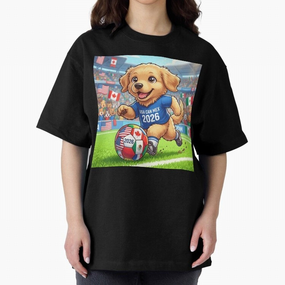 Golden Retriever Soccer Champ - World Cup 2026 Spirit Oversized T-Shirt Follow FIFA World Cup 2026 USA Canada Mexico Featuring Messi and Cristiano Ronaldo, Argentina Energy, Football Passion, Legendary Performances, Festival Vibes and Supporter