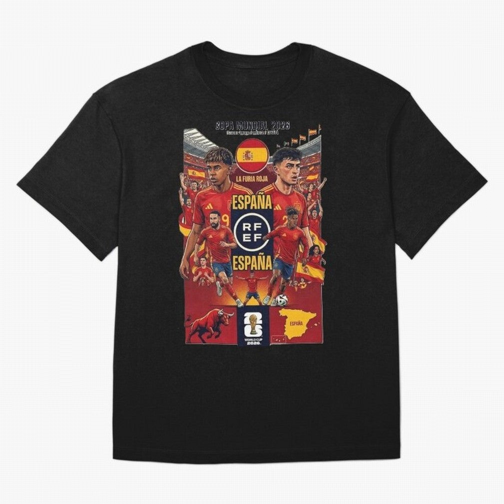 Spain 2026 ¨C La Furia Roja World Cup Poster Oversized T-Shirt Honor FIFA World Cup 2026 Group Stage for Fans of CR7 and Spain and Netherlands, Bringing Goal Celebration Energy, Supporter Heritage, Football Icons and Worldwide Tournament Joy; Made