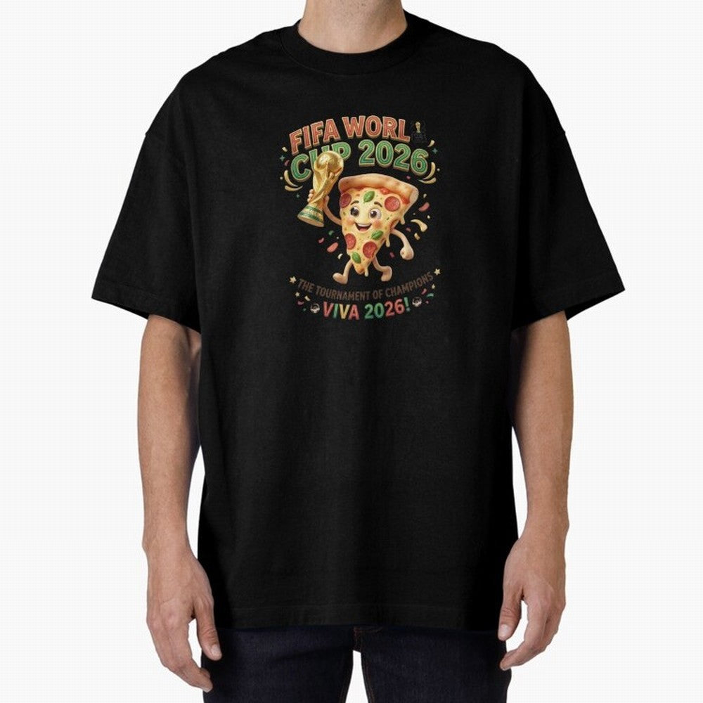 Happy Pizza Character Holding World Cup 2026 Trophy Oversized T-Shirt Experience the Global Stage of Match Day Hype around FIFA World Cup 2026 USA Canada Mexico, Messi, Neymar and Mbappe, France, Fan Favorite Moments, National Team Passion, Big