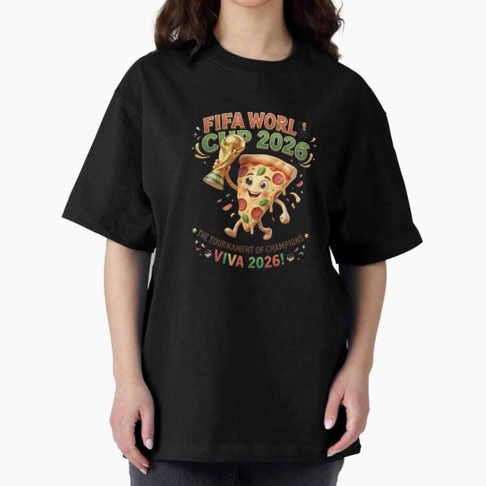 Happy Pizza Character Holding World Cup 2026 Trophy Oversized T-Shirt Experience the Global Stage of Match Day Hype around FIFA World Cup 2026 USA Canada Mexico, Messi, Neymar and Mbappe, France, Fan Favorite Moments, National Team Passion, Big