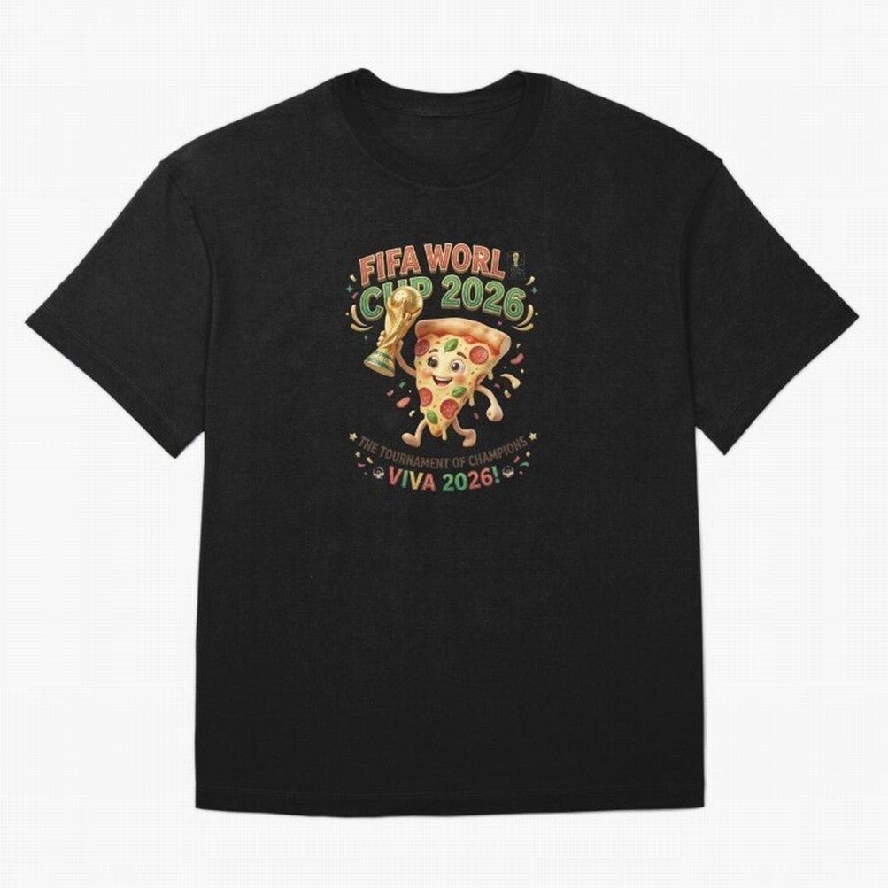 Happy Pizza Character Holding World Cup 2026 Trophy Oversized T-Shirt Experience the Global Stage of Match Day Hype around FIFA World Cup 2026 USA Canada Mexico, Messi, Neymar and Mbappe, France, Fan Favorite Moments, National Team Passion, Big
