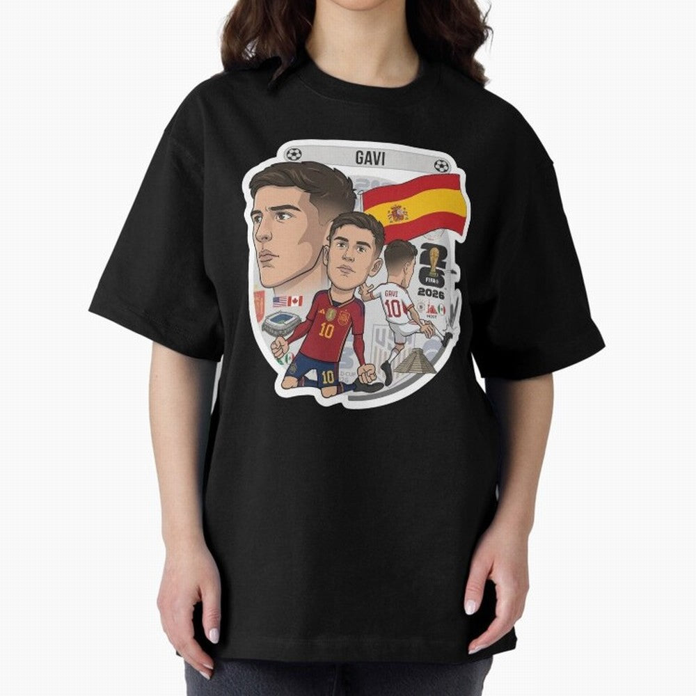 Gavi Spain National Team Football Cartoon Illustration Oversized T-Shirt Bring Trophy Dreams to FIFA World Cup 2026 Spirit, Driven by Portugal, Messi, Neymar and Mbappe, Goal Celebration Energy, Supporter Heritage, Football Icons and Worldwide