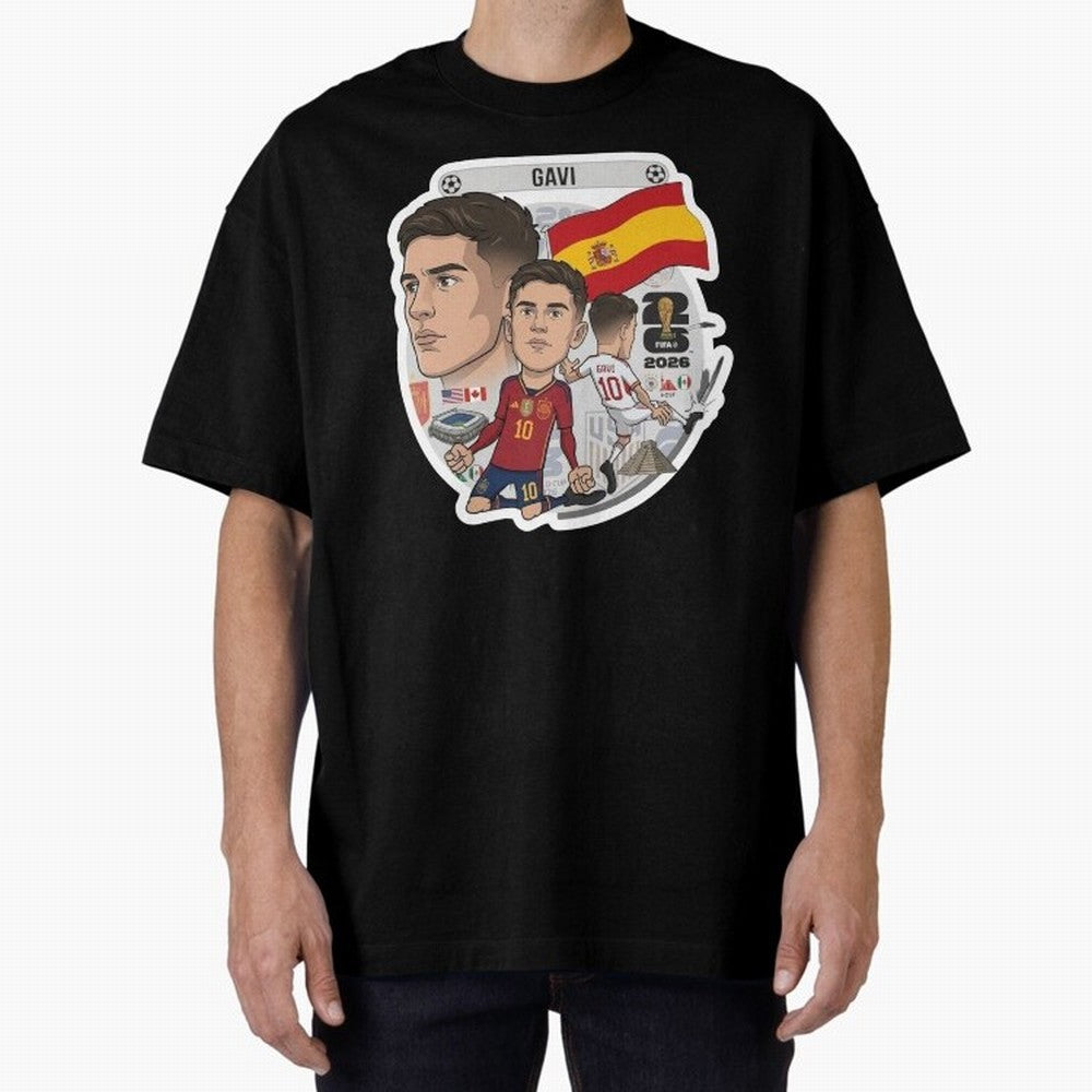 Gavi Spain National Team Football Cartoon Illustration Oversized T-Shirt Bring Trophy Dreams to FIFA World Cup 2026 Spirit, Driven by Portugal, Messi, Neymar and Mbappe, Goal Celebration Energy, Supporter Heritage, Football Icons and Worldwide