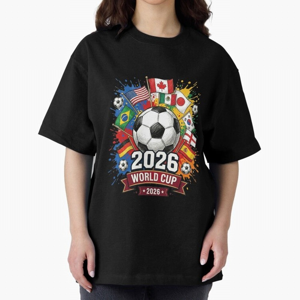 2026 World Cup Soccer Flags Graphic Oversized T-Shirt Bring Global Tournament Vibes to Match Day Hype around FIFA World Cup 2026, Neymar, Argentina, France and Brazil, Champion Mindset, Group Stage Buzz, Knockout Tension and Passionate Fan Culture;