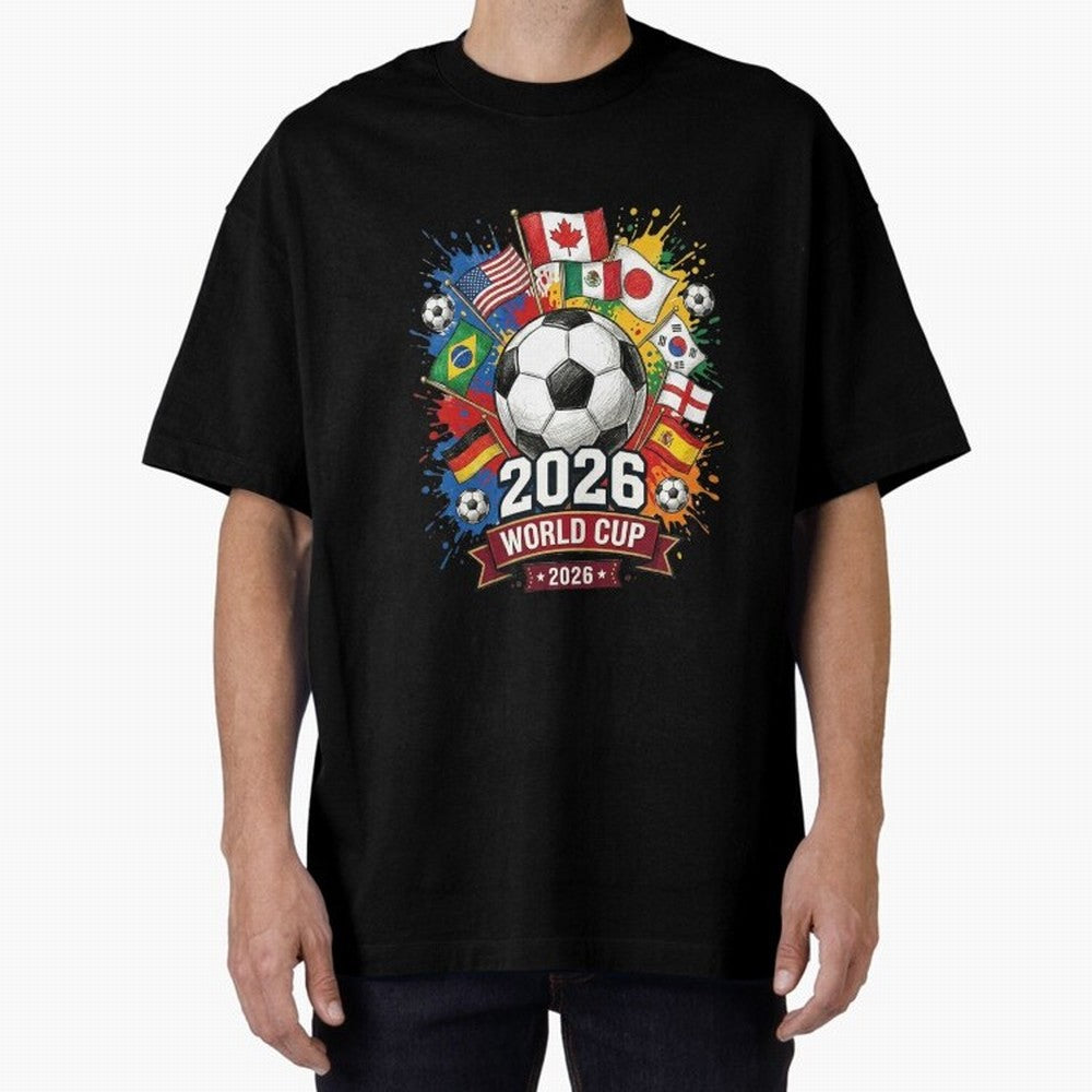 2026 World Cup Soccer Flags Graphic Oversized T-Shirt Bring Global Tournament Vibes to Match Day Hype around FIFA World Cup 2026, Neymar, Argentina, France and Brazil, Champion Mindset, Group Stage Buzz, Knockout Tension and Passionate Fan Culture;
