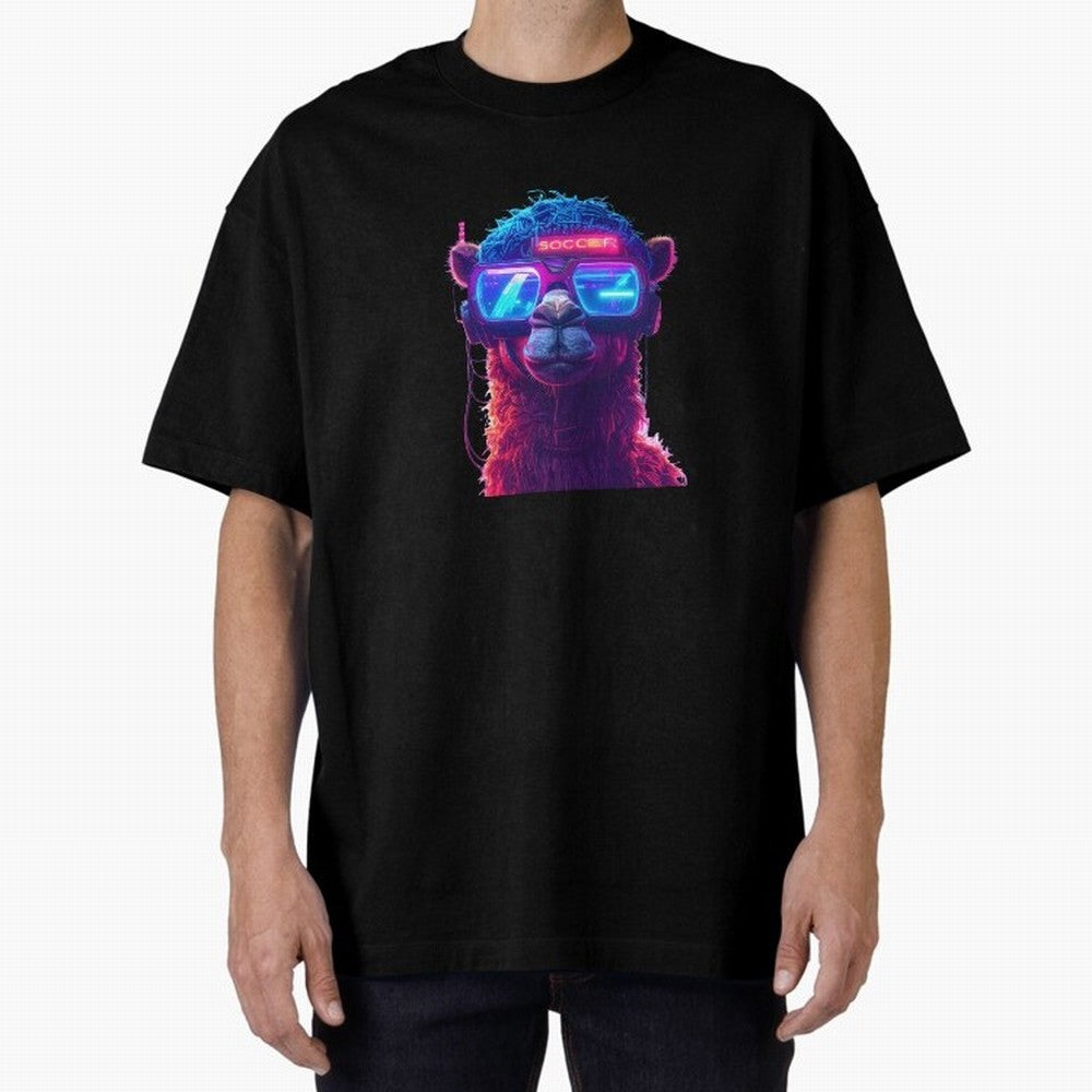Cyberpunk Llama with Neon Soccer Vibes Oversized T-Shirt Show Match Day Excitement for the FIFA World Cup 2026 Journey through Haaland Highlights, Germany Pride, Football Passion, Legendary Performances, Festival Vibes and Supporter Community;