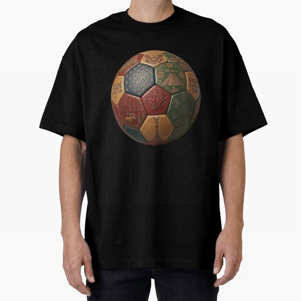 Artistic Ball for the 2026 World Cup ¨C USA, Mexico & Canada Football Design Oversized T-Shirt Carry the Colors and Pride of FIFA World Cup 2026 Group Stage for Fans of CR7 and Messi and Germany, Bringing Worldwide Fan Energy, Dramatic Goals,