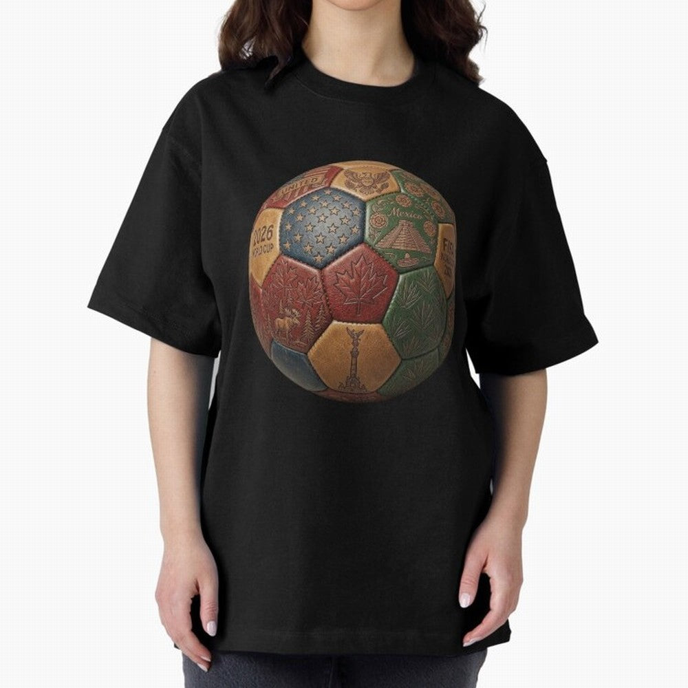 Artistic Ball for the 2026 World Cup ¨C USA, Mexico & Canada Football Design Oversized T-Shirt Carry the Colors and Pride of FIFA World Cup 2026 Group Stage for Fans of CR7 and Messi and Germany, Bringing Worldwide Fan Energy, Dramatic Goals,